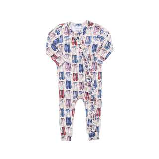 Pink Chicken Baby Bamboo Romper - Ballet Slippers Baby onesie with shoe pattern on a light gray background