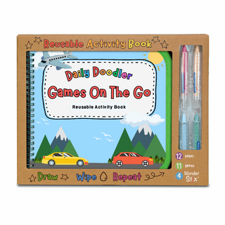 Daily Doodler Reusable Activity Book - Games on the Go
Reusable activity book titled 'Daily Doodler Games On The Go' with illustration of cars and mountains on the cover.