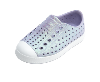 Native Jefferson Bio-Bling™ - Future Purple Bling / Shell White Purple glittery shoe with white sole on a white background