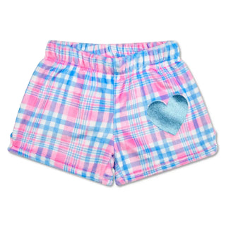 Iscream Theme Varsity Plush Shorts - Pink
Plaid shorts with a heart cutout pocket on a white background