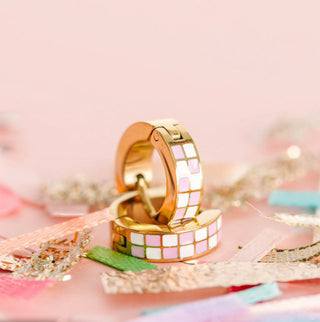 Pierced Pink White Checkered Huggies