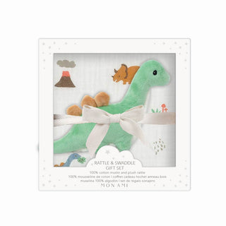 Mon Ami Swaddle & Rattle Gift Set - Jurassique Rattle and swaddle gift set with green dinosaur plush toy in packaging
