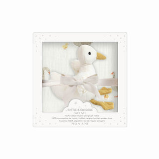 Mon Ami Swaddle & Rattle Gift Set - Mother Goose Baby gift set with plush duck and swaddle blanket in packaging on a white background
