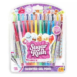 Schylling Sugar Rush Scented Gel Pen Set - 24 Pack 
Pack of Scentos Sugar Rush scented gel pens with colorful packaging on a white background