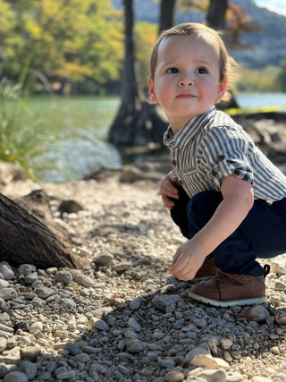 Me & Henry Jasper Woven Onesie - Cream / Black Stripe