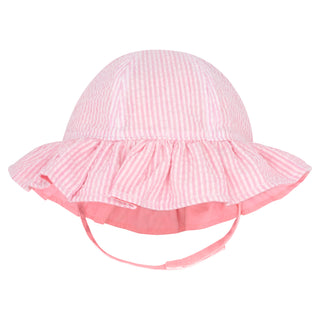 WeeOnes Reversible Ruffle Brim Sun Hat with Straps - Pink Seersucker