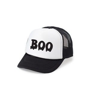 Sweet Wink Boo Drip Halloween Trucker Hat - Black/White Black and white cap with 'BOO' text on a white background
