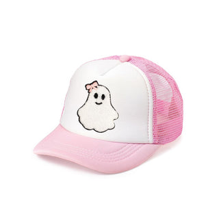 Sweet Wink Coquette Ghost Patch Halloween Trucker Hat - Pink/White
Pink and white cap with a cartoon ghost design on a white background