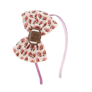 Sweet Wink Football Cutie Tulle Bow Headband Decorative headband with pink and white patterned bow on a white background