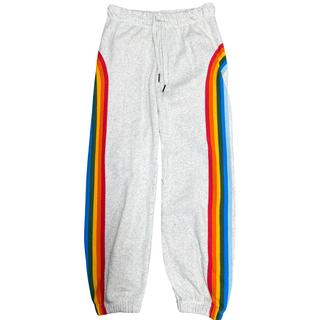 FBZ Rainbow Stripe Misty Grey Jogger
Gray sweatpants with rainbow stripes on a white background