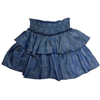 FBZ Silver Bows Tiered Chambray Denim Skirt
Blue denim dress with ruffled layers on a white background