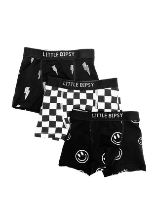 Little Bipsy Boxer Brief 3 Pack - Smiley / Checkered / Lightening Bolt
Three pairs of black boxer briefs with various patterns and 'Little Bipsy' branding on a white background.
