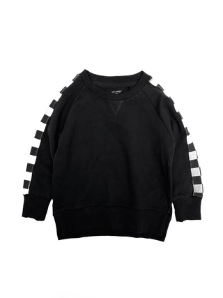 Little Bipsy Stripe Checkered Pullover - Black
Black sweatshirt with white checkered sleeves on a white background