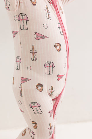 In My Jammers Pink Baseball Zipper Romper