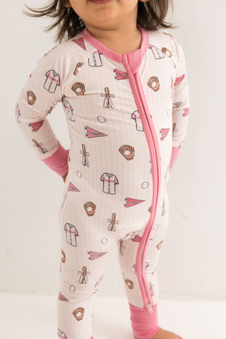In My Jammers Pink Baseball Zipper Romper