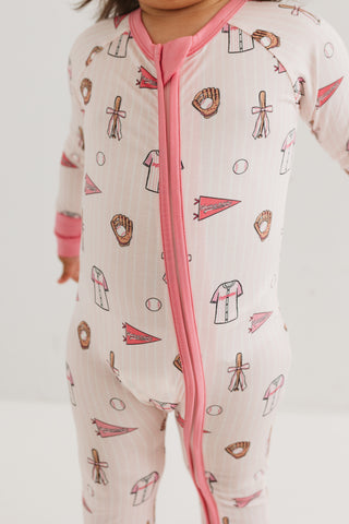 In My Jammers Pink Baseball Zipper Romper