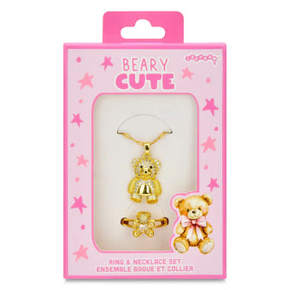 Iscream Bear Charm Necklace & Ring Set
Gold teddy bear necklace and ring set in pink packaging with 'Beary Cute' text.