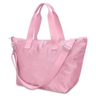 Iscream Pink Rhinestone Weekender Bag
Pink woven handbag with a shoulder strap on a white background