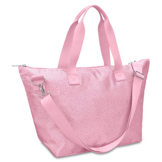 Iscream Pink Rhinestone Weekender Bag 
Pink woven tote bag with a shoulder strap on a white background
