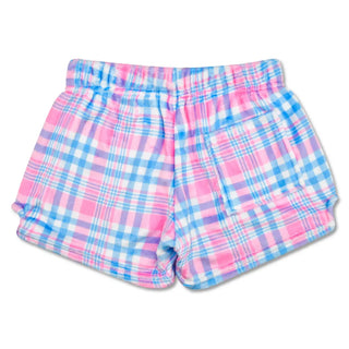 Iscream Theme Varsity Plush Shorts - Pink
Plaid shorts with pink and blue pattern on a white background