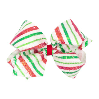 King Wee Ones Red & Green Sequin Stripe Hair Bow on Clippie
Large striped hair bow with red, green, and white colors on a white background
