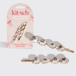 Kitsch Holiday Gemstone Bobby Pins 2pc Set
Metal gemstone bobby pins with 'kit·sch' packaging on a white background