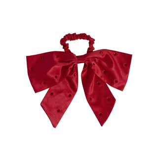 Kitsch Holiday Satin & Rhinestone Bow Scrunchie
Red satin bow hair tie on a light gray background