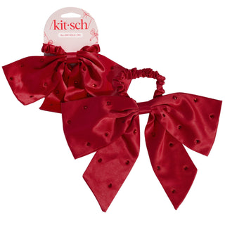 Kitsch Holiday Satin & Rhinestone Bow Scrunchie
Red satin bow hair accessory with a clear background