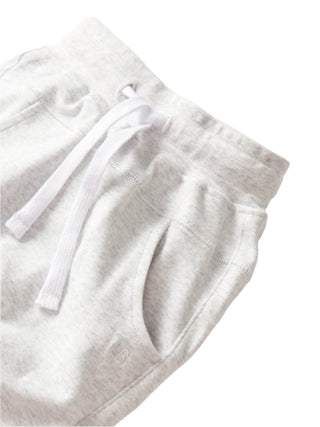 Little Bipsy Jogger - Light Heather Grey 
Gray fleece shorts with a drawstring on a white background