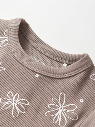 Little Bipsy Floral Ribbed Lettuce Trim Tee - Mushroom