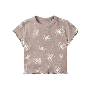 Little Bipsy Floral Ribbed Lettuce Trim Tee - Mushroom