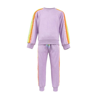 Lola and The Boys Lavender Rainbow Sequin Set Lavender tracksuit with rainbow stripes on sleeves and sides against a white background