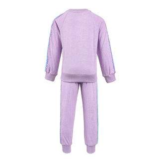 Lola and The Boys Lavender Rainbow Sequin Set Purple tracksuit with white stripes on sleeves against a white background