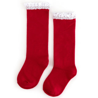 Little Stocking Co Lace Top Knee High Socks - Santa Baby
Red knee-high socks with white lace trim on a white background