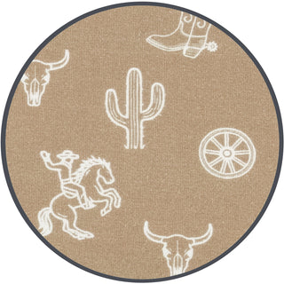 Lou Lou and Company Top and Bottoms - Wyatt
Round beige rug with white cowboy boot, cactus, horse, and wagon wheel patterns.
