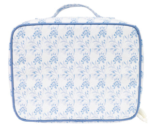 Apple of My Isla The Lunchbox - Navy Floral Floral-patterned suitcase with blue flowers on a white background