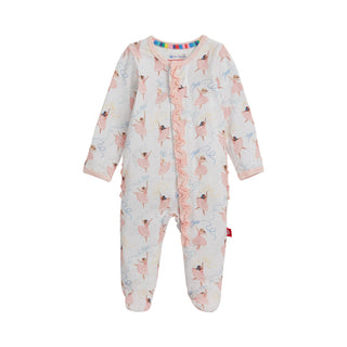 Magnetic Me Modal Footie with Ruffle - Pretty Plies
Baby onesie with ballerina print on a white background