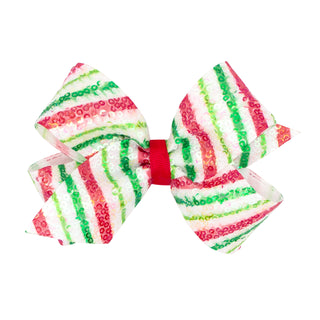 Wee Ones Red & Green Sequin Stripe Medium Hair Bow on Clippie Colorful striped bow with a red center on a white background