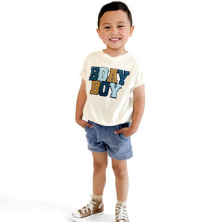 Sweet Wink Birthday Boy Patch Short Sleeve T-Shirt - Natural
Child wearing a 'BOY' t-shirt with colorful letters on a white background