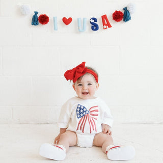 Sweet Wink Patriotic Sequin Bow Patch Short Sleeve Romper - White