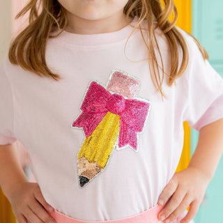 Sweet Wink Pencil Bow Sequin Patch Short Sleeve T-Shirt - Ballet