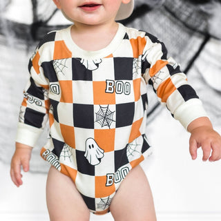 Sweet Wink Boo Checkered Halloween Long Sleeve Romper - Natural