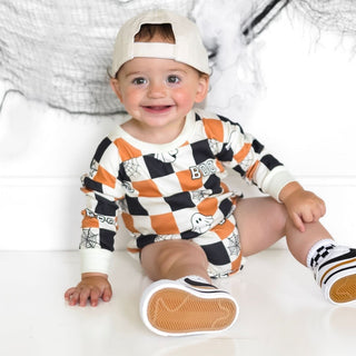 Sweet Wink Boo Checkered Halloween Long Sleeve Romper - Natural