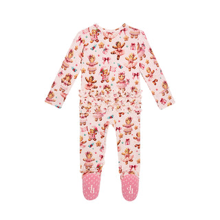 Posh Peanut Ruffled Zippered Footie - Ginger Posh
Pink baby onesie with teddy bear pattern on a white background