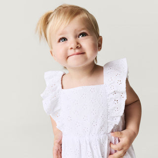 Posh Peanut Optical White Eyelet Ruffled Bubble Romper