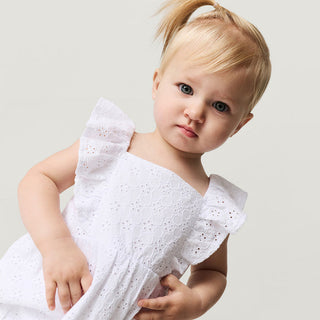 Posh Peanut Optical White Eyelet Ruffled Bubble Romper