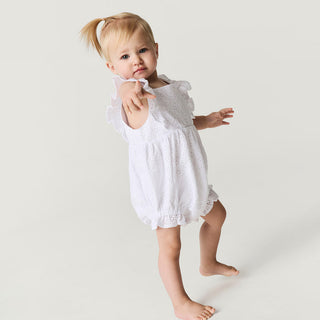 Posh Peanut Optical White Eyelet Ruffled Bubble Romper