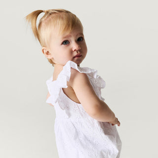 Posh Peanut Optical White Eyelet Ruffled Bubble Romper