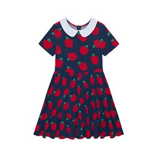 Posh Peanut Lilian Collared Twirl Dress Navy dress with red apple pattern on a white background