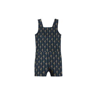 Play by Rylee & Cru Malibu Bodysuit - Vintage Bloom Navy blue romper with gold floral pattern on a white background